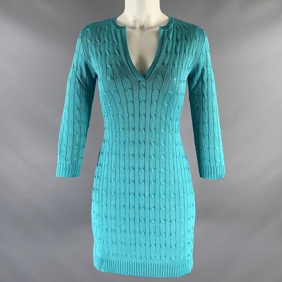 RALPH LAUREN Size S Blue Turquoise Silk Cable Long Sleeve Dress